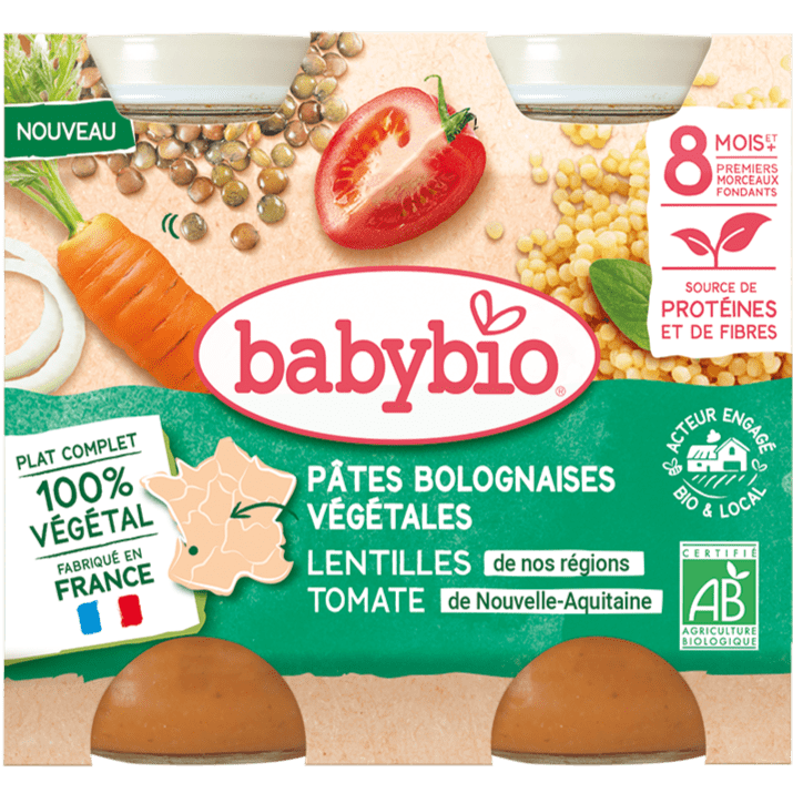 Pot bébé 8 mois Pâtes bolognaises végétales Carottes Lentilles Tomat Le Drive tout nu