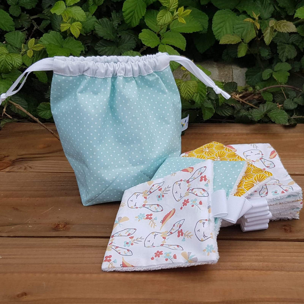 10 lingettes de change et pochon - Lapin vert d'eau Joli Tintamarre vrac-zero-dechet-ecolo-balma-gramont