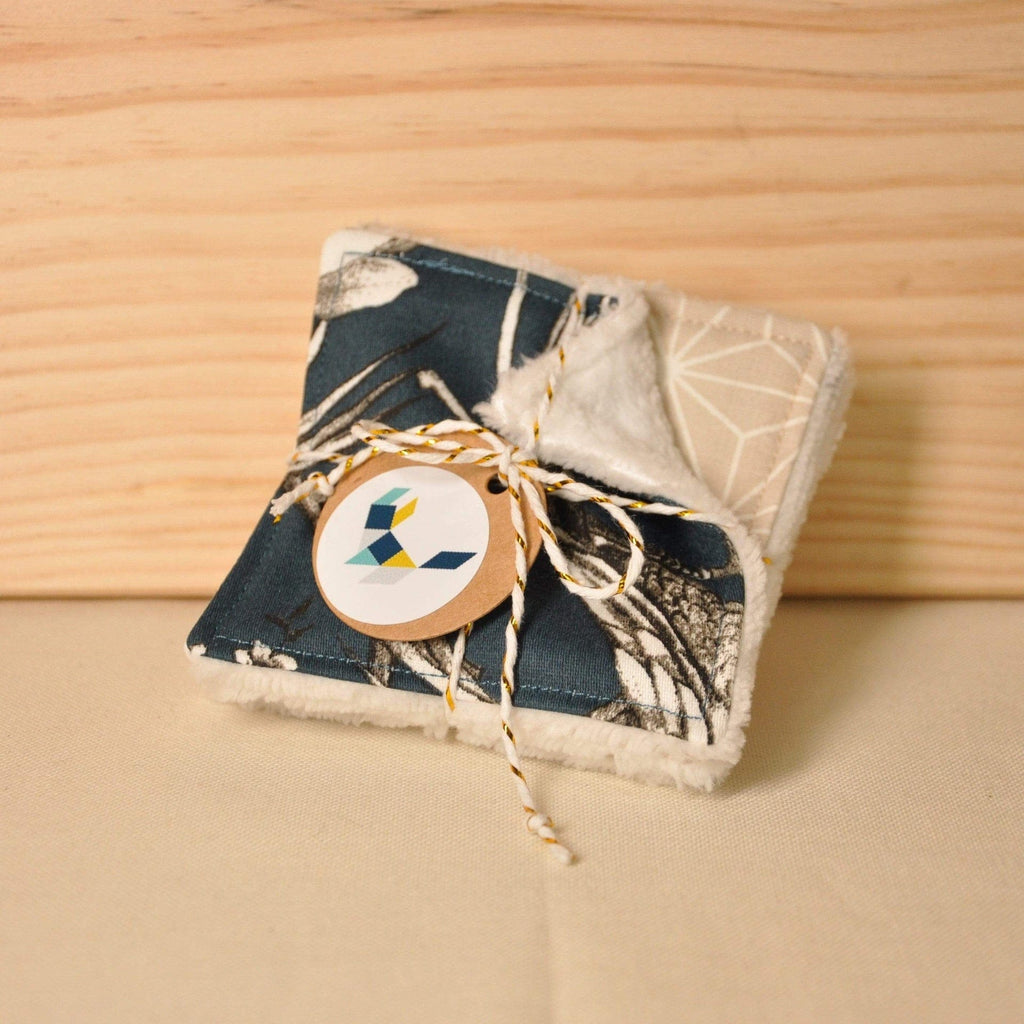 Lot de 5 démaquillettes "Forêt" bleu canard et beige Joli Tintamarre vrac-zero-dechet-ecolo-balma-gramont