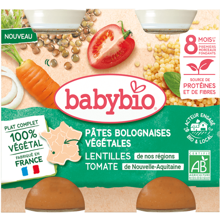 Petit pot bébé 8 mois Pâtes bolognaises végétales - Carottes lentilles tomates BIO -  2x200g Baby Bio vrac-zero-dechet-ecolo-balma-gramont
